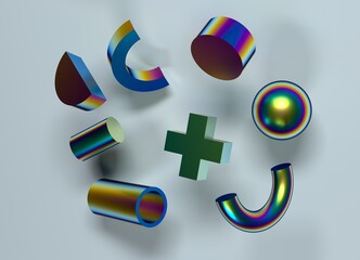 Aufkleber - 3D golden shapes floating in the air: cross, sphere, cylinder and others.