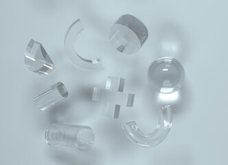 Aufkleber - 3D glass shapes floating in the air: cross, sphere, cylinder and others.