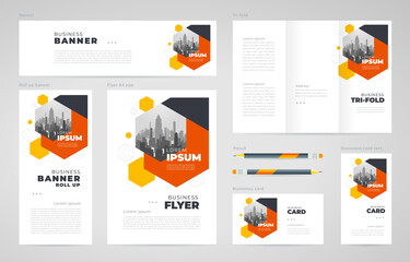 Wall Mural - Abstract hexago theme Set flyer cover, tri-fold, banner, roll up banner, business card orange color