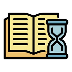 Poster - Open book and hourglass icon. Outline open book and hourglass vector icon color flat isolated