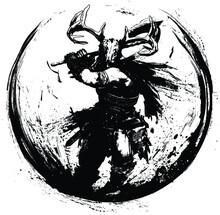A Fierce Muscular Viking In A Helmet In The Form Of A Deer Skull Runs Into Battle With A Two-handed Axe In His Hands, In The Middle In An Ink Circle. Painted In A Blob Expressive Style. 2d
