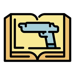 Sticker - Book and gun icon. Outline book and gun vector icon color flat isolated
