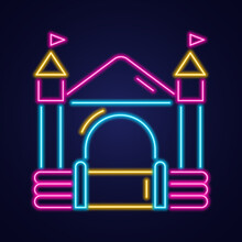 Bouncy Castle Neon Icon. Jumping House On Kids Playground. Vector Illustration.