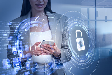 Poster - Attractive smiling businesswoman holding smartphone and browsing the Internet, blue glowing information protection icons. Padlock, cloud and digital interface. Concept of cyber security.