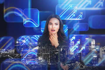 Poster - Confused businesswoman wearing formal suit is standing near digital interface