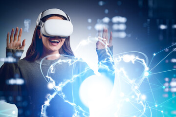 Poster - Businesswoman in green sweater is wearing vr helmet