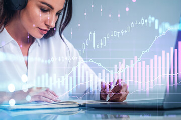 Wall Mural - Businesswoman, stock trader analyzing stock data to apply new st