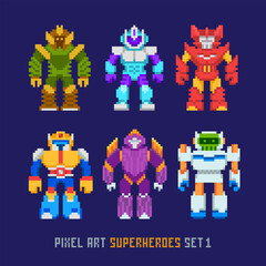 Poster - Pixel art cartoon robots and 8-bit superheroes isolated vector set 1. Retro video game style invaders monsters and mutants characters design. Pixelated colorful robot toy collection
