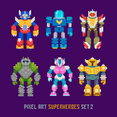 Poster - Pixel art cartoon robots and 8-bit superheroes isolated vector set 2. Retro video game style invaders monsters and mutants characters design. Pixelated colorful robot toy collection