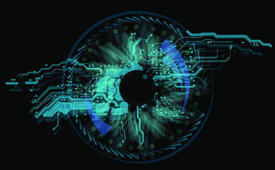 Techno eye with motherboard pattern isolated on black background. Layered EPS10 vector illustration. Template for your infotmation technology design.