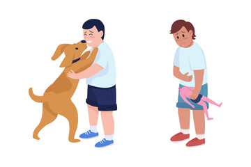Poster - playing boy semi flat color vector character set. standing figures. full body people on white. littl