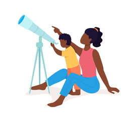 Poster - Family with telescope semi flat color vector characters. Sitting figure. Full body people on white. Space observation isolated modern cartoon style illustration for graphic design and animation