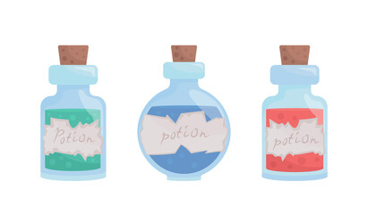 Poster - Potion bottles semi flat color vector item set. Realistic objects on white. Halloween decorations isolated modern cartoon style illustration for graphic design and animation collection