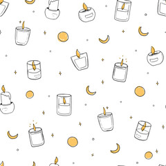 Doodle burning candles seamless vector pattern. Christmas pattern