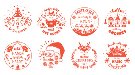 Wall Mural - Christmas round signs with greeting quotes and words. Set of Christmas symbols and emblem designs. Winter holiday cards and badges.