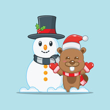 Cute Beaver With Snowman. Cute Animal Christmas Cartoon Illustration. Vector Isolated Flat Illustration For Poster, Brochure, Web, Mascot, Sticker, Logo, Icon, Etc. 