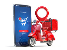 Fast Online Express Delivery Concept. Red Scooter With Delivery Bag  And  Mobile App On The Screen Of Smartphone.