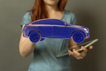 Poster - Hologram auto, futuristic polygonal model auto.