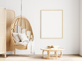 Fototapeta Boho - wooden frame mockup in cozy living room, boho style