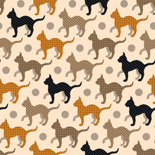 Cats Silhouettes, Stripes And Dots Filling. Scrapbooking Retro Stile. Seamless Pattern.