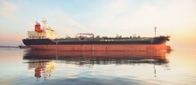 Large Cargo Ship Sailing In The Baltic Sea At Sunset. Soft Golden Sunlight. Concept Seascape. Panoramic View From The Sailing Boat. Freight Transportation, Nautical Vessel, Logistics