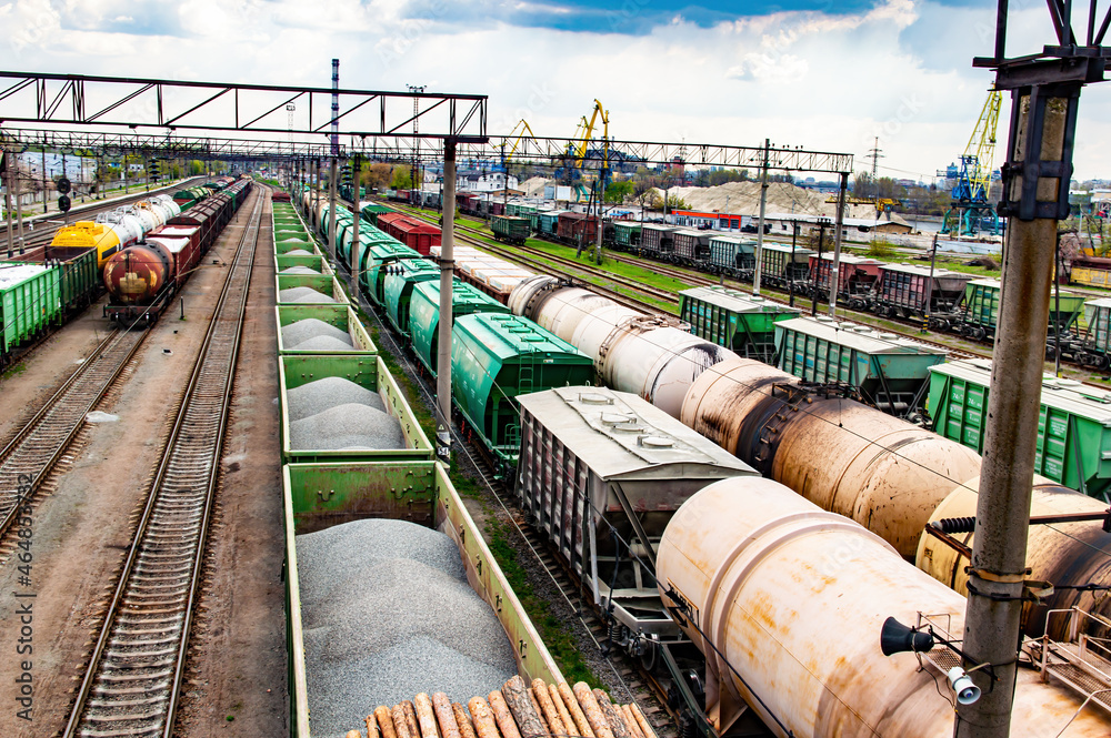 Railway station with freight carriages of trains. Rail transportation ...