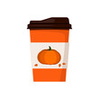 Coffee or tea cup to go with pumpkin. Thanksgiving hot drink mug with orange squash and leaves isolated on white background. Vector flat design cartoon style coffee to go cup.