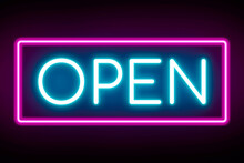 Open Neon Sign Banner On Black Background