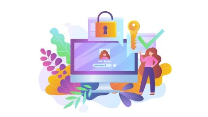 Poster - personal data protection concept. moving woman enters password and gets access to social network. ke