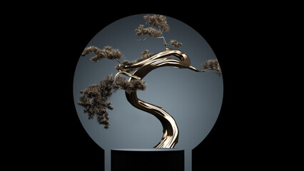 Wall Mural - japanese style minimal abstract cosmetic background.podium and gold bonsai tree with dark background