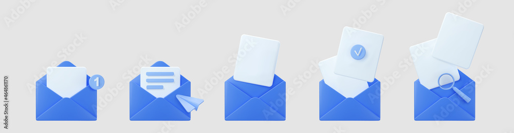 3d blue open mail envelope icon set with marker new message isolated on ...