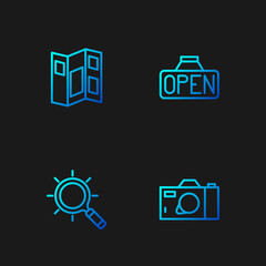 Poster - Set line Photo camera, Magnifying glass, Museum guide brochure and Hanging sign with Open. Gradient color icons. Vector