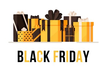 Vector illustration of black friday. Three large gift boxes in black and gold color isolated on white background. Concept for discount day. 