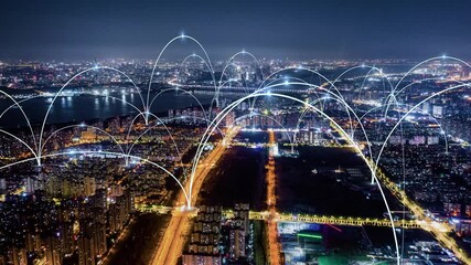 smart Connected city skyline. Futuristic network concept, city Technology.	