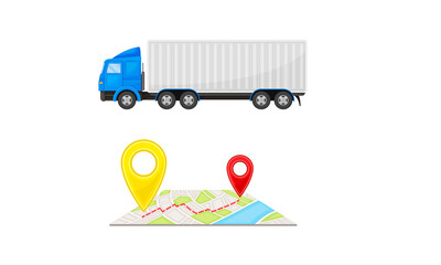 Wall Mural - Truck and Map with Navigation Point as Shopping Logistics and Order Delivery Vector Set