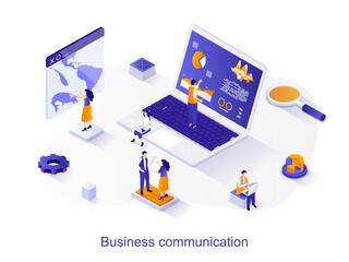 Wall Mural - Business communication isometric web concept. People discuss tasks or report, cooperation with colleagues at meeting. Online global company scene. Vector illustration for website template in 3d design