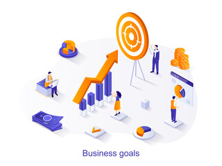 Leinwandbilder - Business goals isometric web concept. People work together on project, aim at target, increase company profit, analyze financial statistics scene. Vector illustration for website template in 3d design