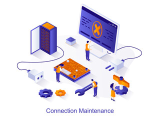Fototapete - Connection maintenance isometric web concept. People configure Internet signal on computer, maintain hardware, technical engineers work scene. Vector illustration for website template in 3d design
