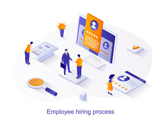 Poster - Employee hiring process isometric web concept. People look at resume, choose candidate for vacancy, conduct job interview. Human resources scene. Vector illustration for website template in 3d design