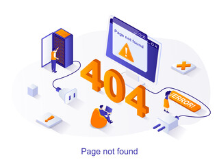 Fototapete - Page not found isometric web concept. People working on problem site, technology department fixes error on broken webpage. 404 page error scene. Vector illustration for website template in 3d design