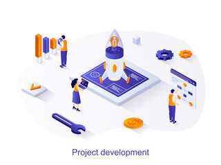 Fototapete - Project development isometric web concept. People launch startup, create and develop new business, successful strategy and analysis of data scene. Vector illustration for website template in 3d design