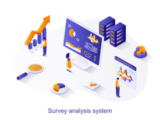 Fototapete - Survey analysis system isometric web concept. People analyze data from customer opinion questionnaires, research data, work with databases scene. Vector illustration for website template in 3d design