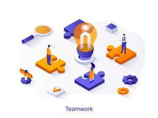 Aufkleber - Teamwork isometric web concept. People work together, generate ideas, brainstorm, success collaboration of colleagues, business development scene. Vector illustration for website template in 3d design