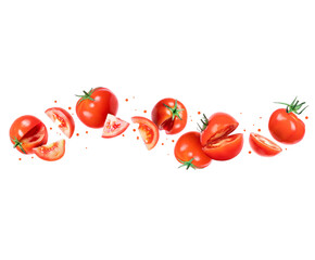 Wall Mural - Ripe whole and sliced tomatoes in the air isolated on white background