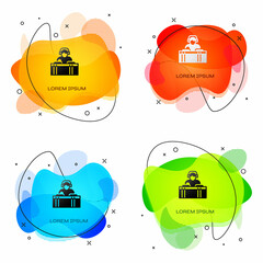 Sticker - Black DJ wearing headphones in front of record decks icon isolated on white background. DJ playing music. Abstract banner with liquid shapes. Vector