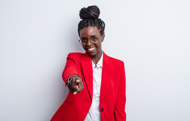 pretty black woman pointing at camera choosing you. businesswoman concept