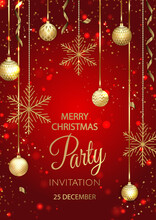 Christmas Party Invitation With Balls And Gold Snowflakes
