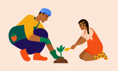 Poster - Illustration of uncle and niece planting herbs in garden