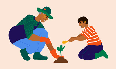 Poster - Illustration of grandfather and grandson planting herbs in garden