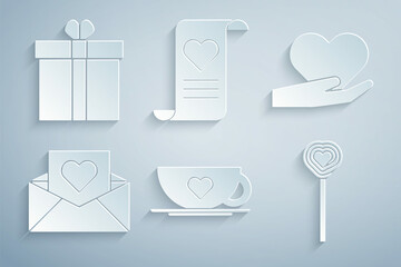 Sticker - Set Coffee cup and heart, Heart in hand, Envelope with Valentine, Lollipop, and Gift box icon. Vector